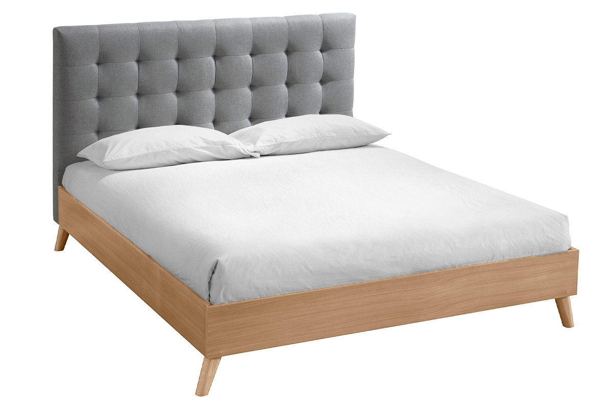 Lit 2 places 160x200 cm en bois et tissu gris capitonn� LYNN