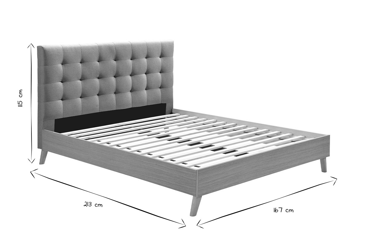 Lit 2 places 160x200 cm en bois et tissu gris capitonn� LYNN