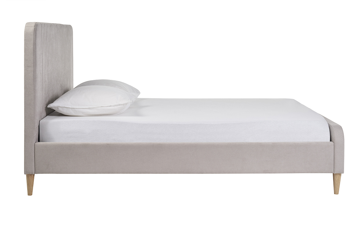 Lit 2 places en tissu textur� taupe avec t�te de lit capitonn�e et pieds en bois, mod�le LINDSAY