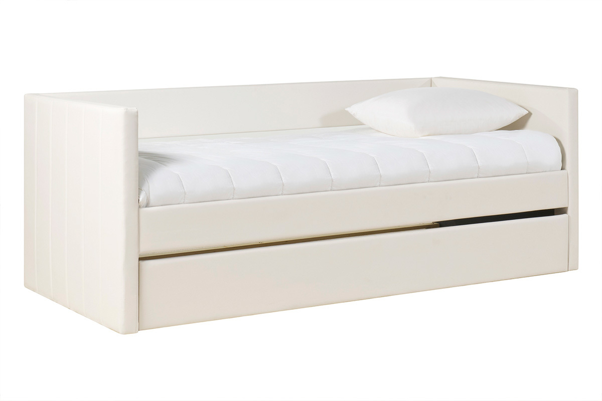 Lit gigogne blanc 90x190 cm ELIE, vue de c�t�, avec couchage d'appoint sous le sommier.