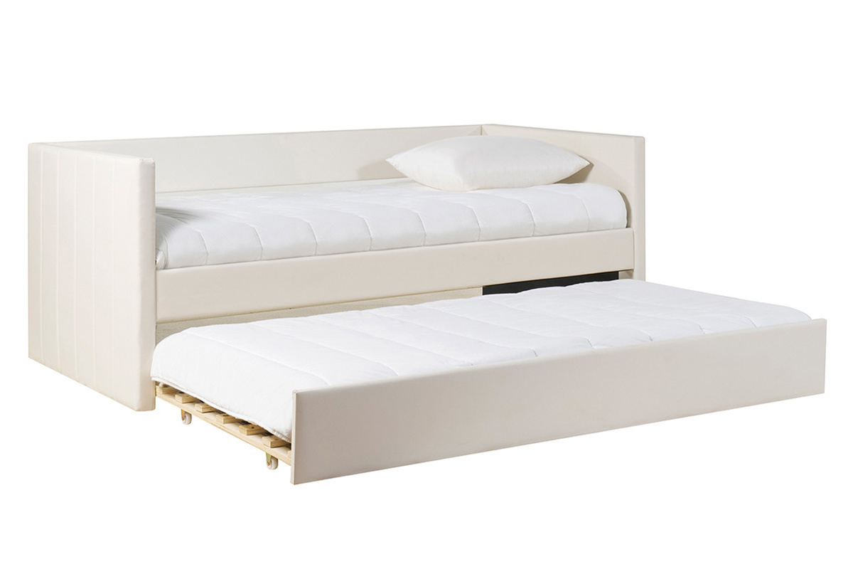 Lit gigogne blanc 90x190 cm avec deuxi�me lit tiroir d�pli�, vue de trois-quarts.
