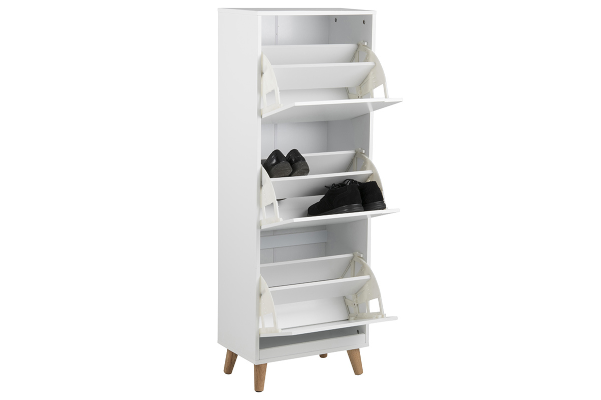 Meuble � chaussures blanc scandinave 3 casiers, sur pieds en ch�ne, avec casiers ouverts et chaussures.