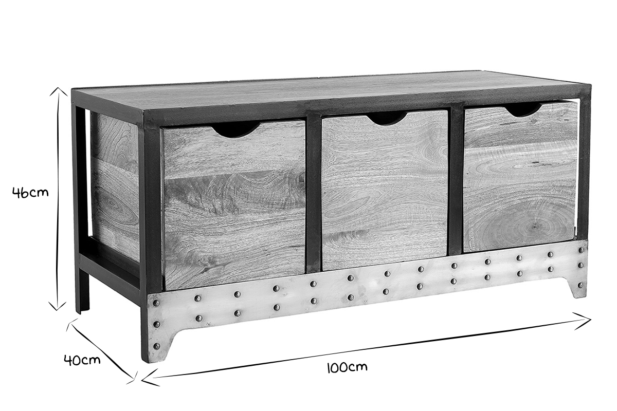 Dimensions du meuble de rangement industriel en bois manguier et m�tal noir en noir et blanc.