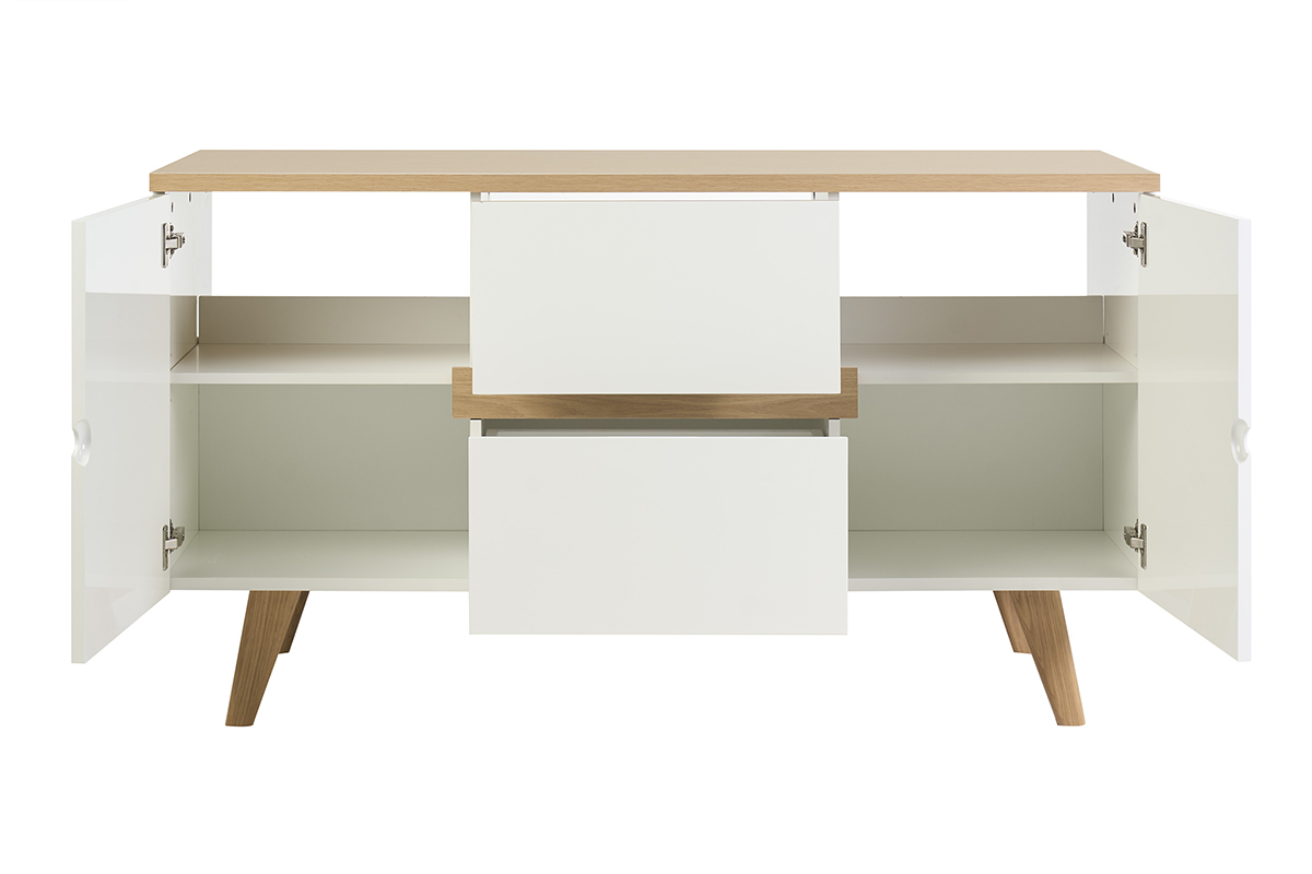 Meuble de salle de bain blanc laqu� et bois clair, ouvert, avec tiroirs et espaces de rangement.