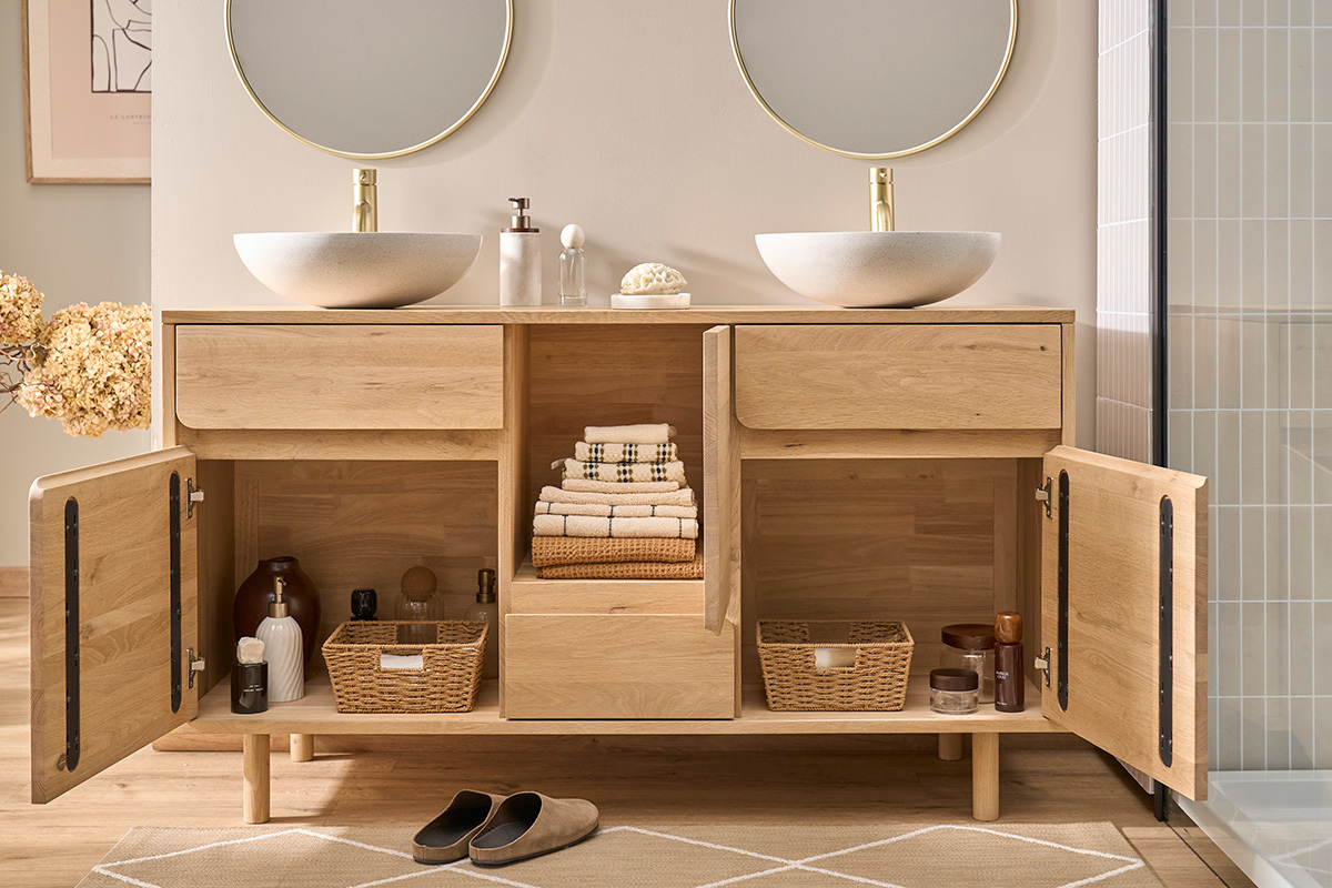 Meuble de salle de bain en bois clair ch�ne massif L140 cm SINCLAIR