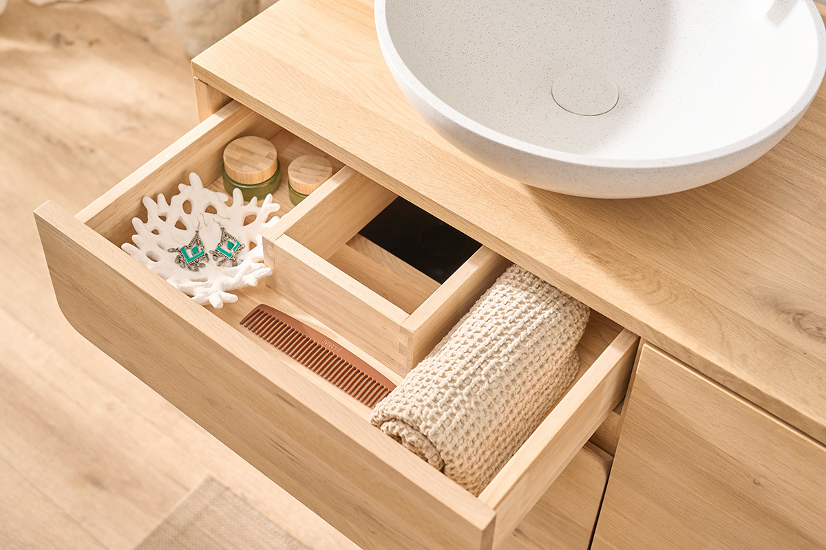 Meuble de salle de bain en bois clair ch�ne massif L140 cm SINCLAIR