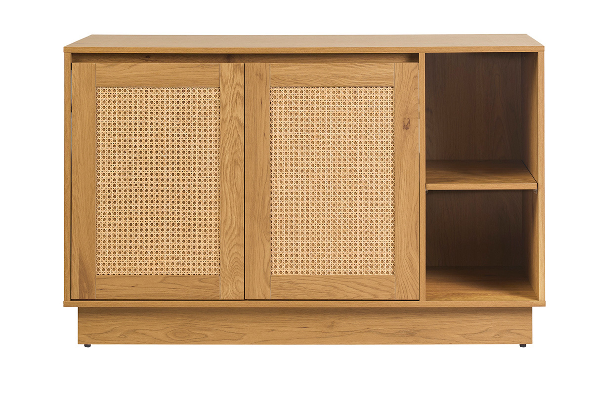 Meuble de salle de bain en bois clair ch�ne et cannage rotin, vue de face