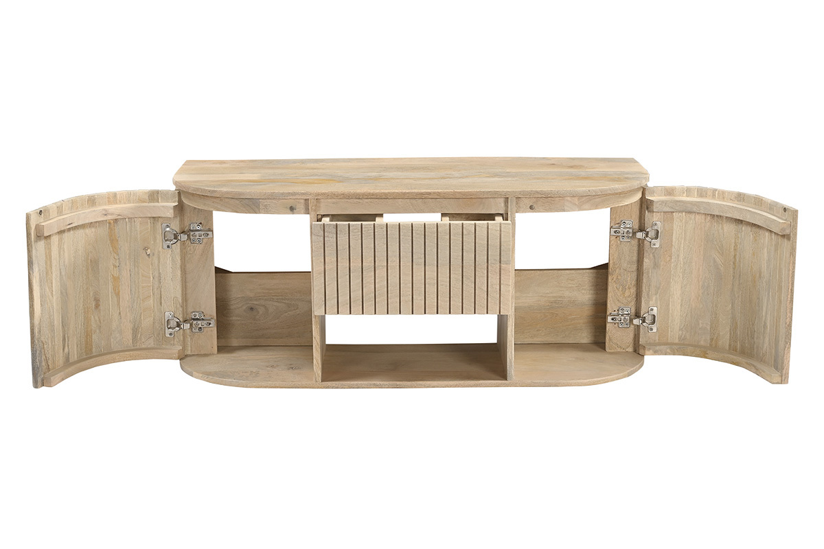 Meuble de salle de bain suspendu en bois manguier massif L110 cm, ouvert avec tiroir central visible.
