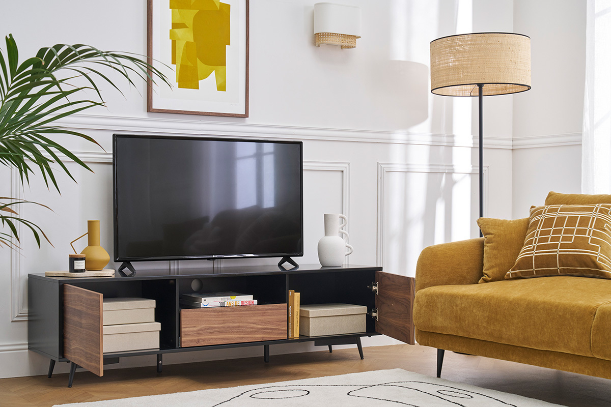 Meuble TV bois fonc� noyer, noir mat et m�tal noir 2 portes 1 tiroir L160 cm MERMOZ