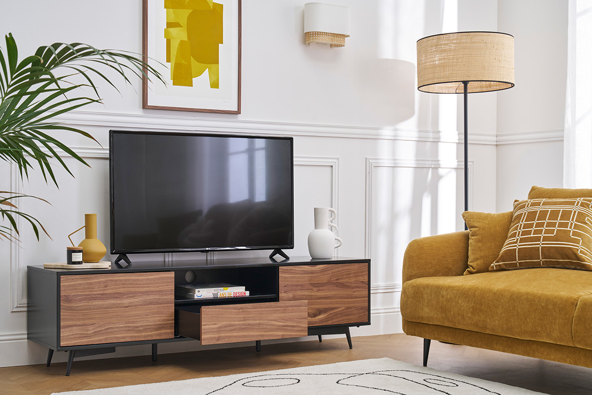 Meuble TV bois fonc� noyer, noir mat et m�tal noir 2 portes 1 tiroir L160 cm MERMOZ