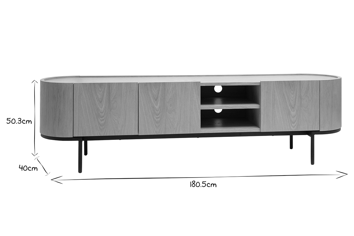 Meuble TV design bois clair et m�tal noir avec rangements L180 cm SKYE