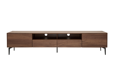 Meuble TV design bois fonc&eacute; noyer et m&eacute;tal noir 2 portes 2 tiroirs L200 cm BLISS