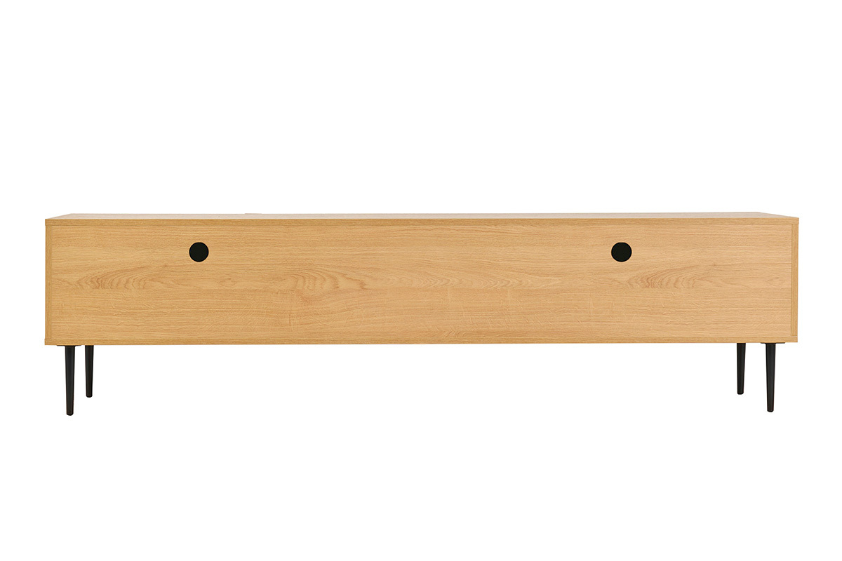 Meuble TV design en bois clair ch�ne massif grav� et m�tal noir 4 portes L180 cm ARCHIPEL