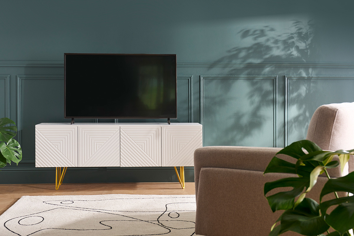 Meuble TV design grav� blanc et m�tal dor� L140 cm OZEN