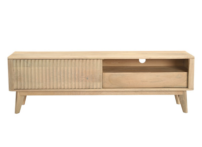 Meuble TV en bois clair manguier massif avec porte coulissante L160 cm ALDA
