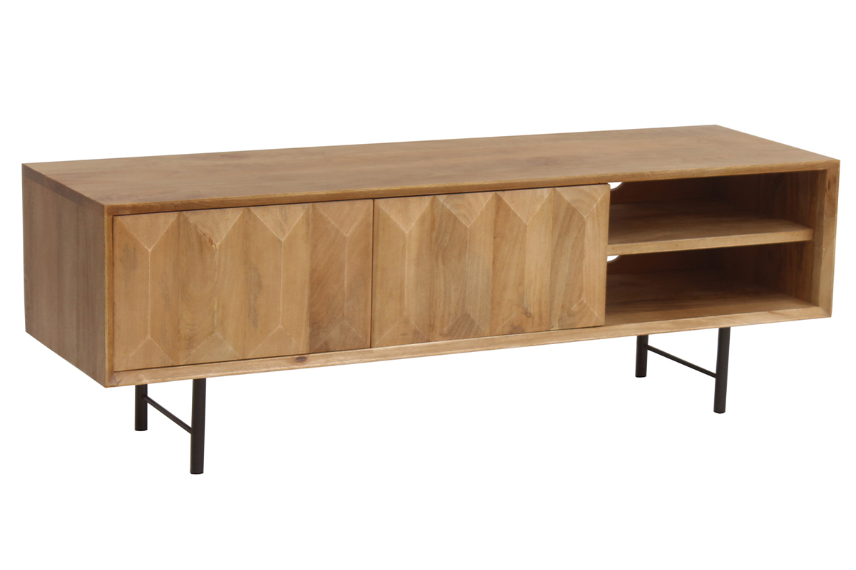 Meuble TV en bois clair manguier massif grav� et m�tal noir L120 cm AGRA