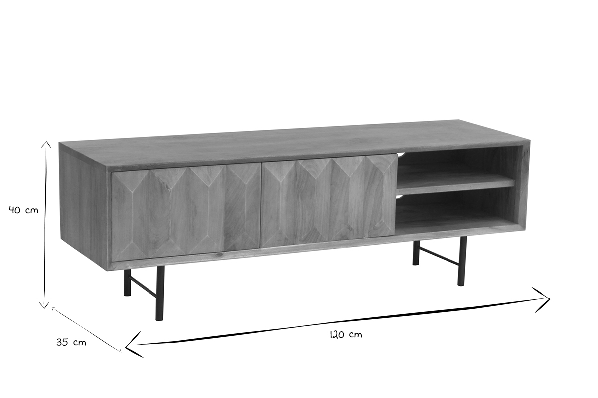 Meuble TV en bois clair manguier massif grav� et m�tal noir L120 cm AGRA
