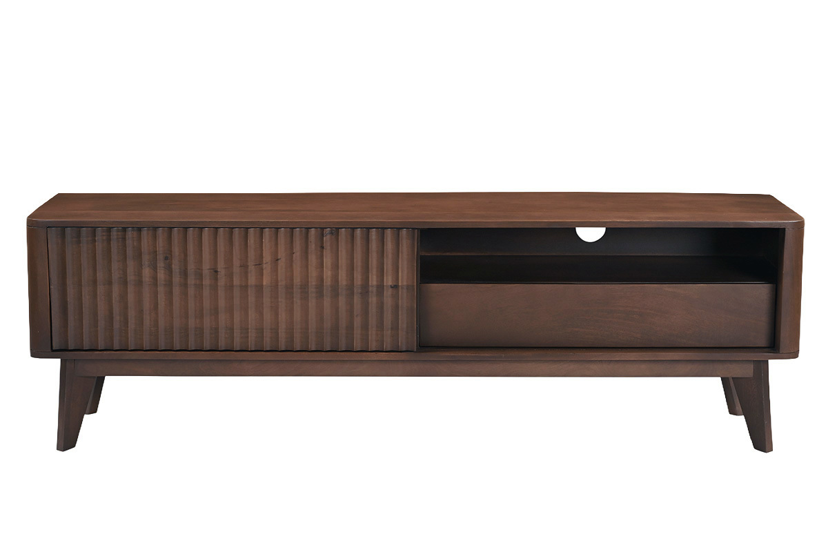 Meuble TV en bois fonc� manguier massif avec porte coulissante, vue de face