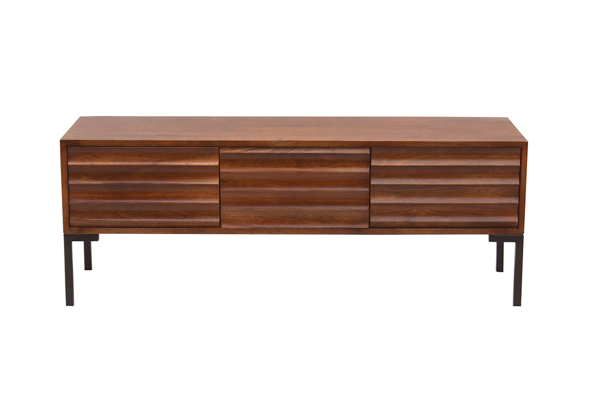 Meuble TV en bois fonc� manguier massif avec m�tal noir, 3 portes, vue de face.