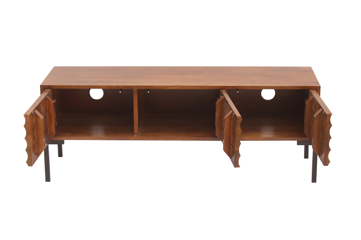Meuble TV en bois fonc� manguier et m�tal noir, 3 portes ouvertes, vue de face.