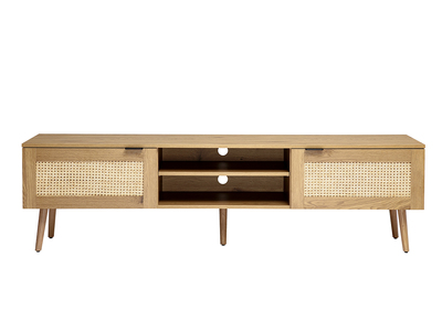 Meuble TV finition bois clair, cannage rotin et m&eacute;tal noir 2 portes L180 cm MANILLE