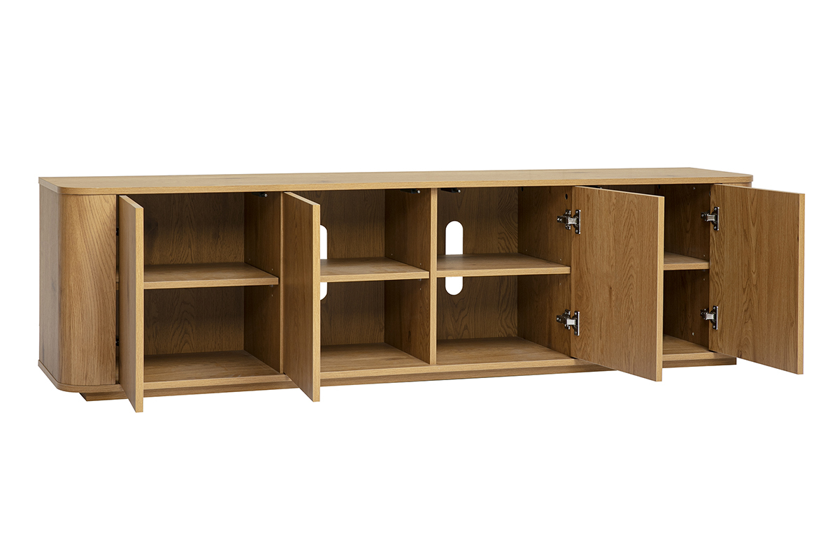 Meuble TV en bois clair ch�ne avec 4 portes, vue de 3/4, niches de rangement visibles.