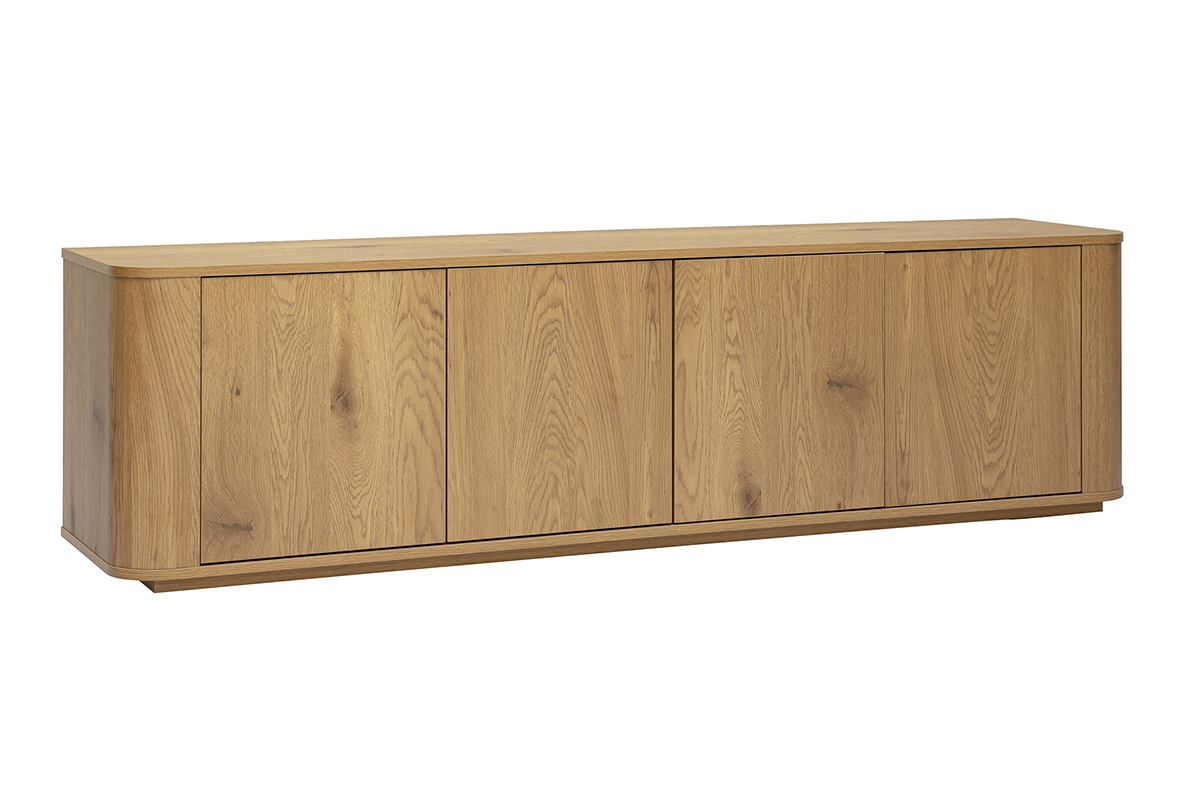 Meuble TV NEGAN en bois clair ch�ne, 4 portes, vue de 3/4, longueur 180 cm.