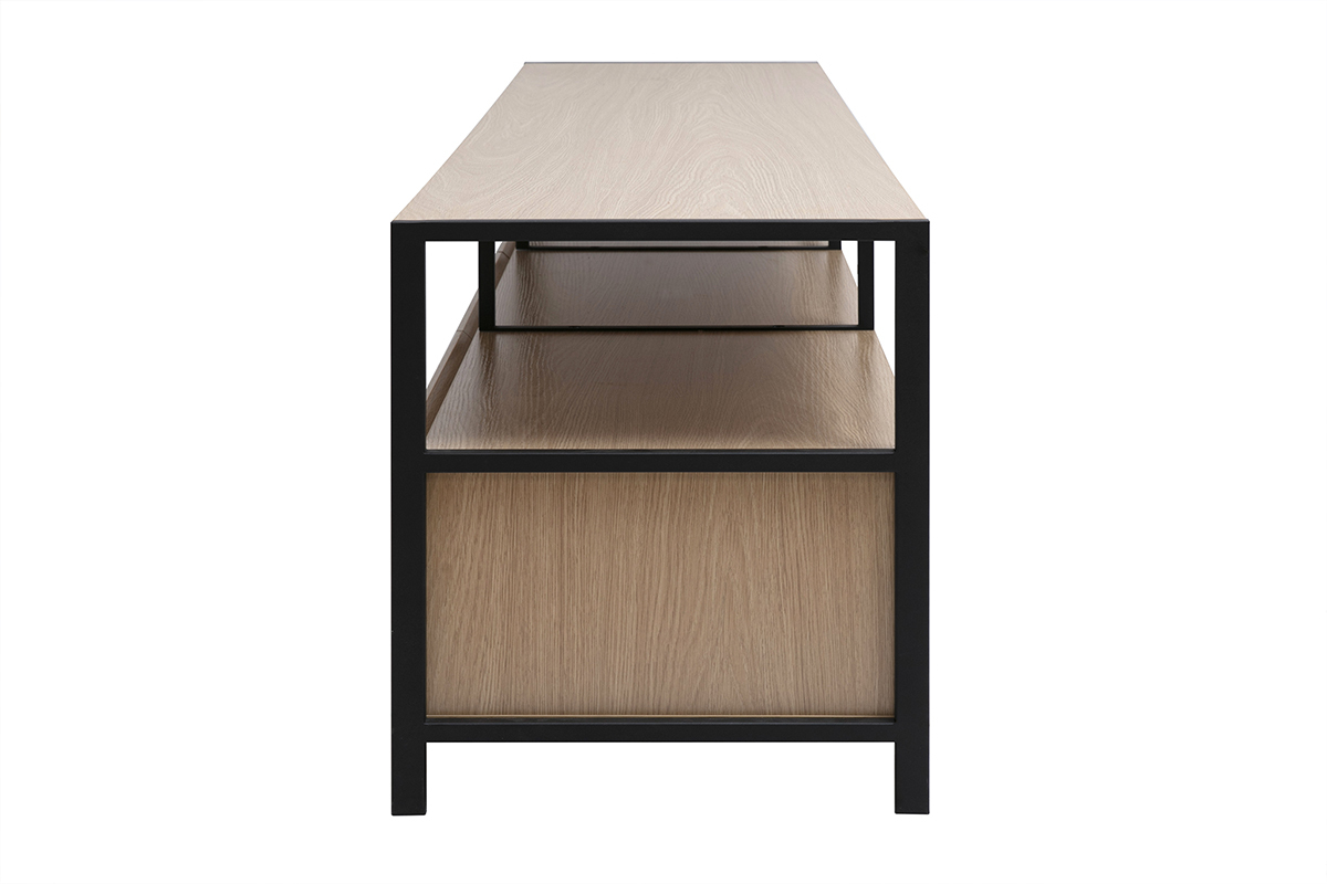 Vue lat�rale du meuble TV finition bois clair et m�tal noir, avec structure ouverte.