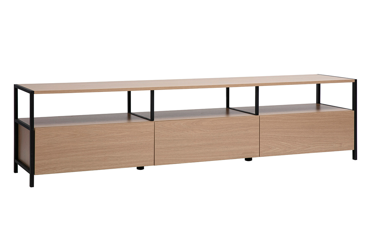 Meuble TV en bois clair et m�tal noir, trois tiroirs, vue de 3/4.