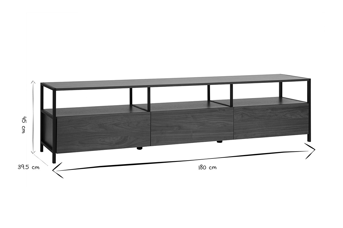 Dimensions du meuble TV MAXENCE en noir et blanc : L180 x P39,5 x H45 cm.