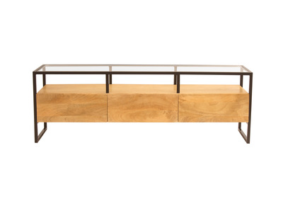 Meuble TV rectangulaire avec rangements en bois manguier massif, verre et m&eacute;tal noir L150 cm DIYA