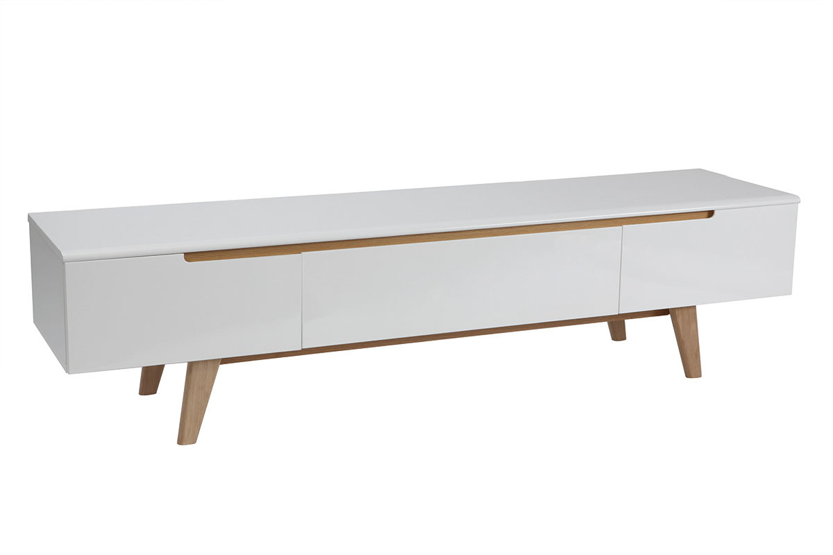 Meuble TV scandinave blanc laqu� brillant et bois L180 cm MELKA