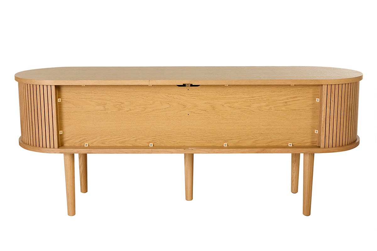 Meuble TV vintage en bois clair, vue de dos, avec deux portes coulissantes et pieds en ch�ne massif.