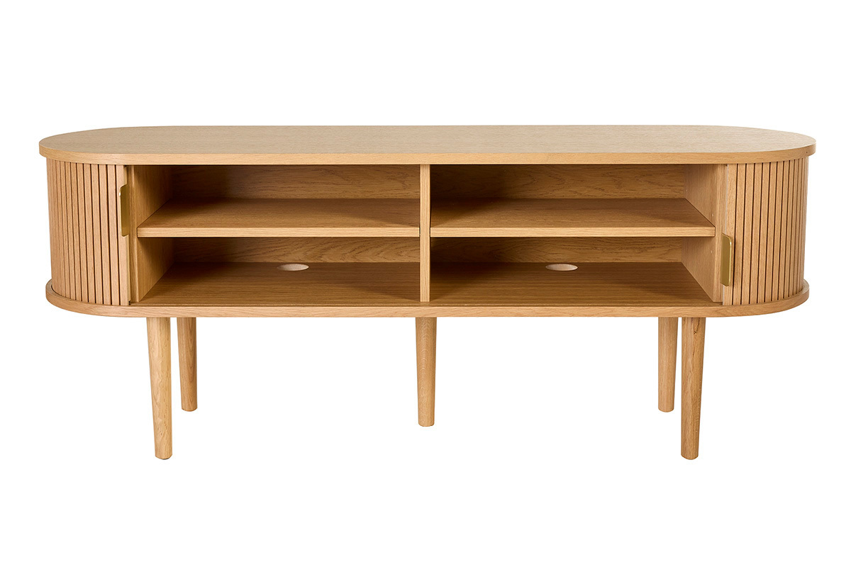 Meuble TV vintage en bois clair de ch�ne avec rangements et deux portes coulissantes, vue de face.