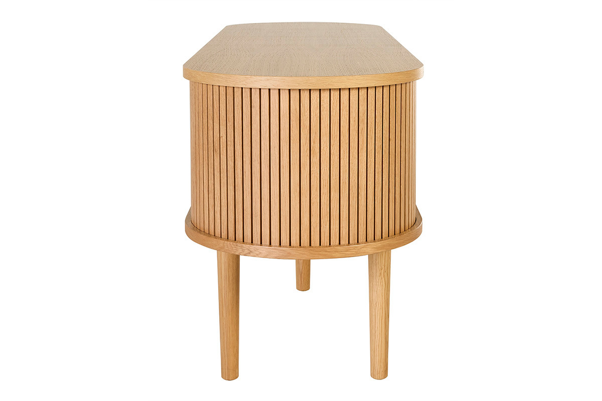 Meuble TV vintage en bois clair ch�ne avec rangements, vue de profil, design �l�gant et intemporel.