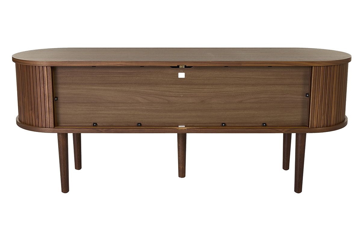 Meuble TV vintage en bois fonc� noyer avec deux portes coulissantes, vue de dos.