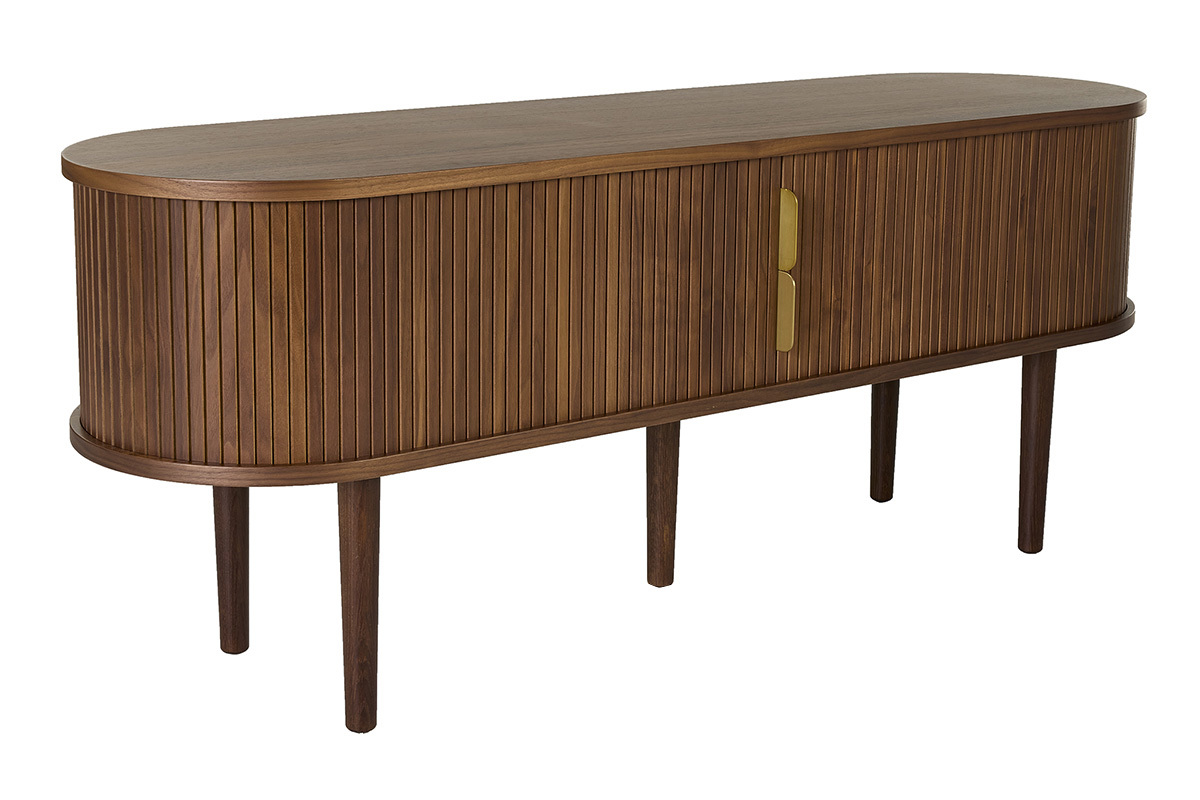 Meuble TV vintage en bois fonc� noyer avec deux portes coulissantes, style r�tro chic.