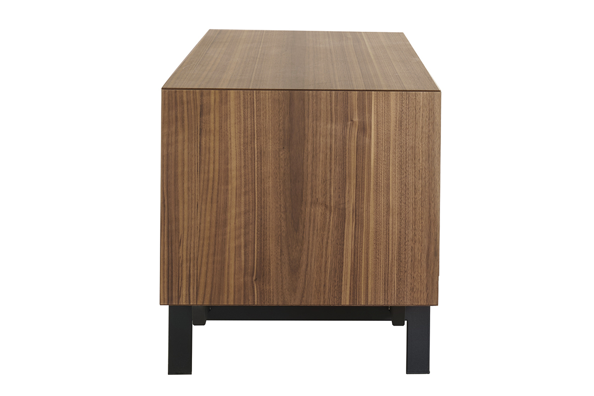 Meuble TV en bois fonc� noyer vue de c�t� avec pieds en m�tal noir.