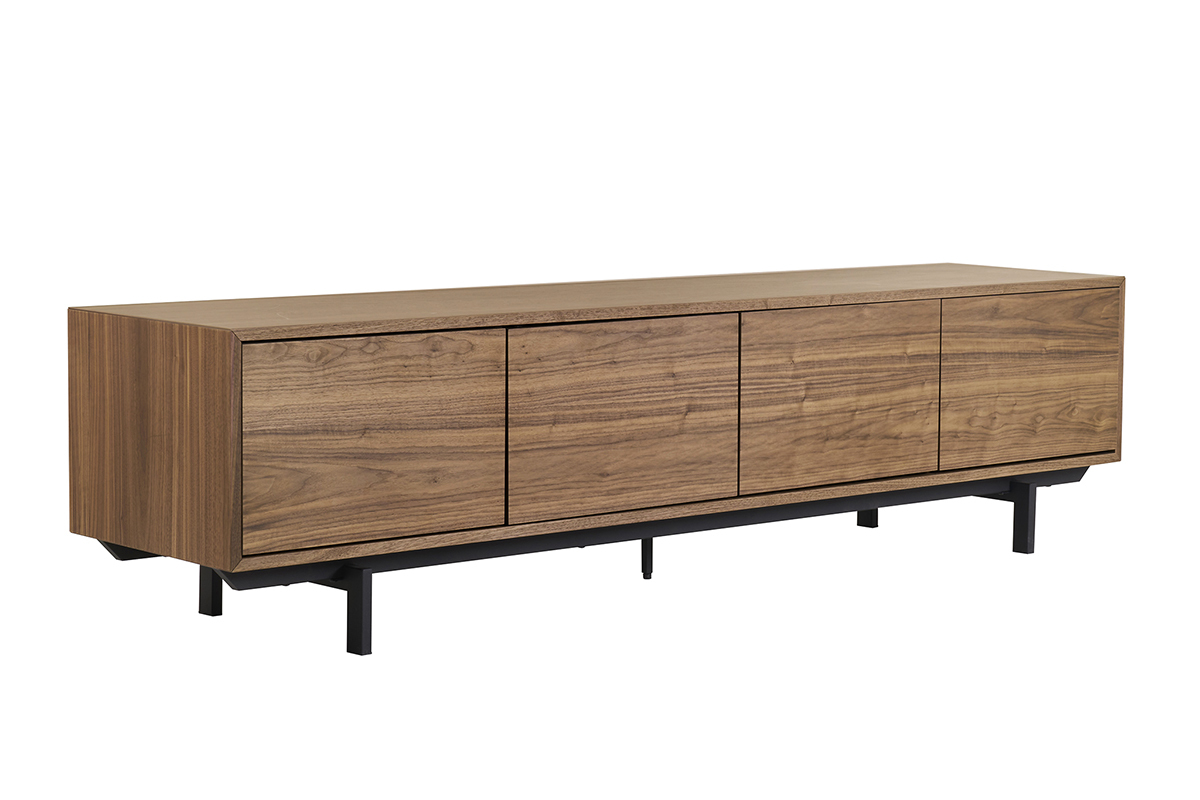 Meuble TV vintage bois fonc� et m�tal en vue de 3/4.