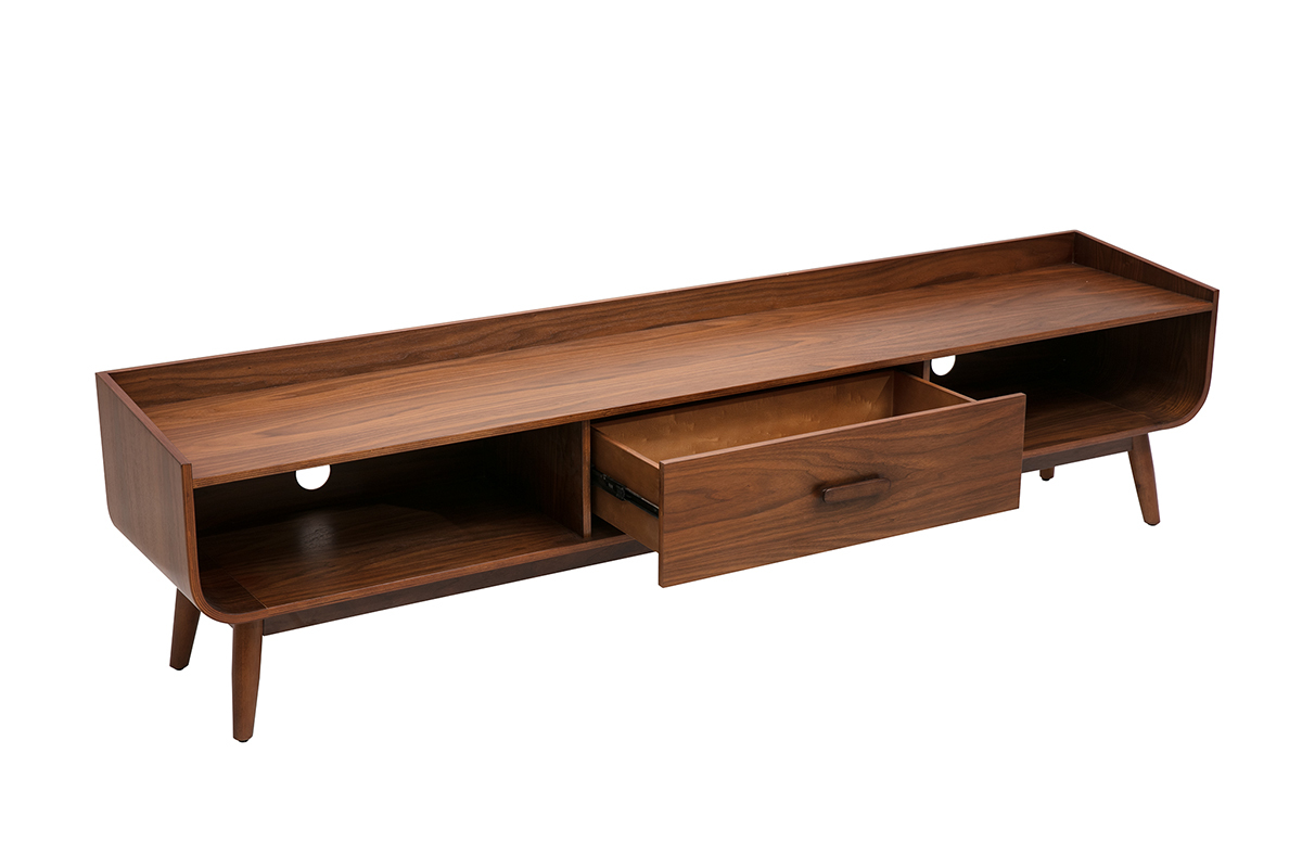 Meuble TV vintage en bois fonc� noyer avec tiroir ouvert et niches ouvertes.