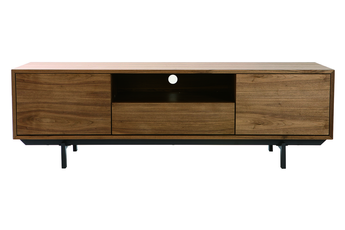 Meuble TV vintage en bois fonc� avec niche ouverte, vue de face.