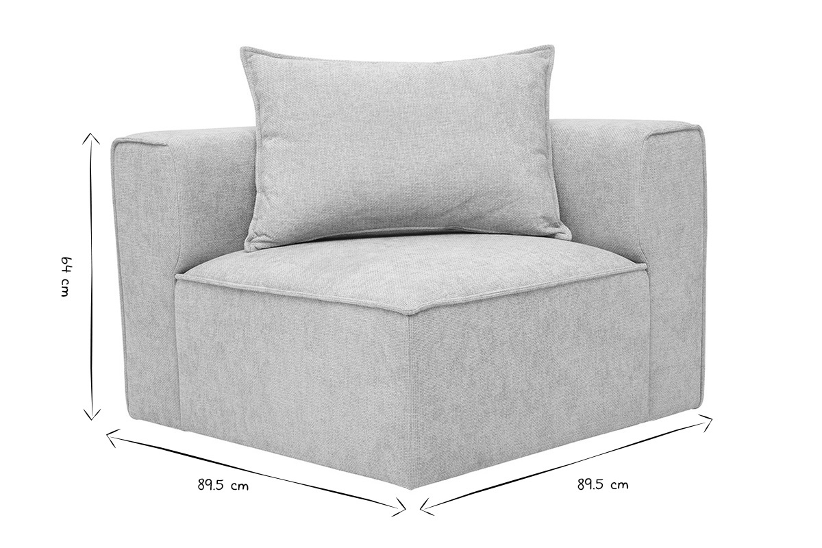 Module d'angle droit KERRY en tissu beige avec dimensions en noir et blanc, L89.5 x P89.5 x H64 cm.