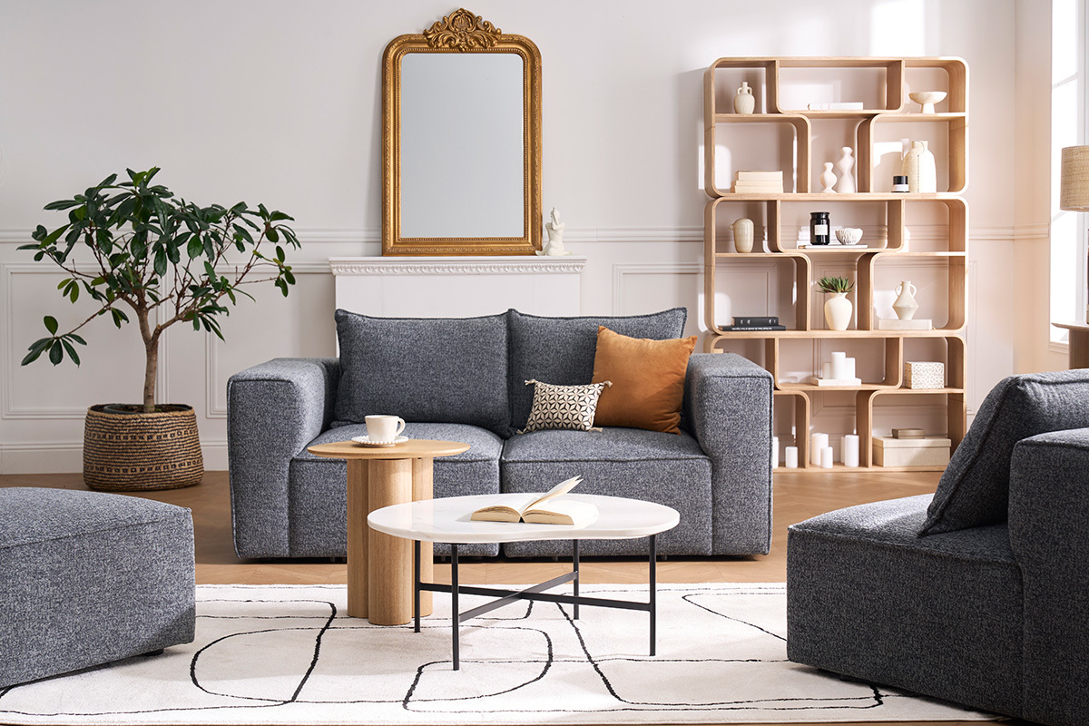 Module d'angle droit KERRY en tissu beige dans un salon moderne