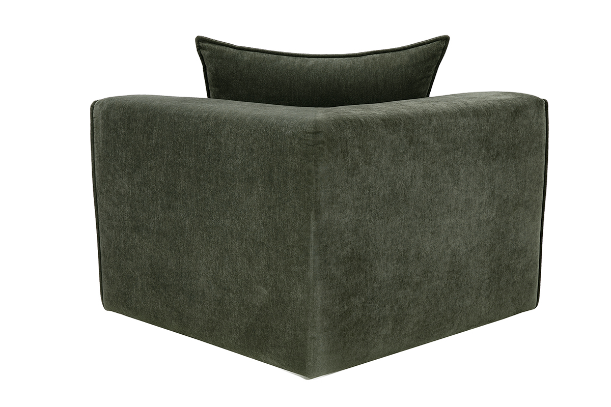 Module d'angle gauche pour canap� en tissu velours vert kaki, vue de 3/4