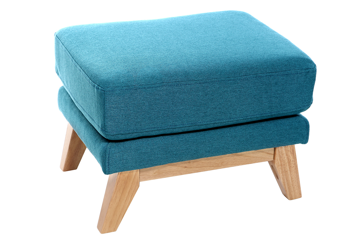 Pouf repose-pieds d�houssable scandinave en tissu bleu canard et bois clair OSLO