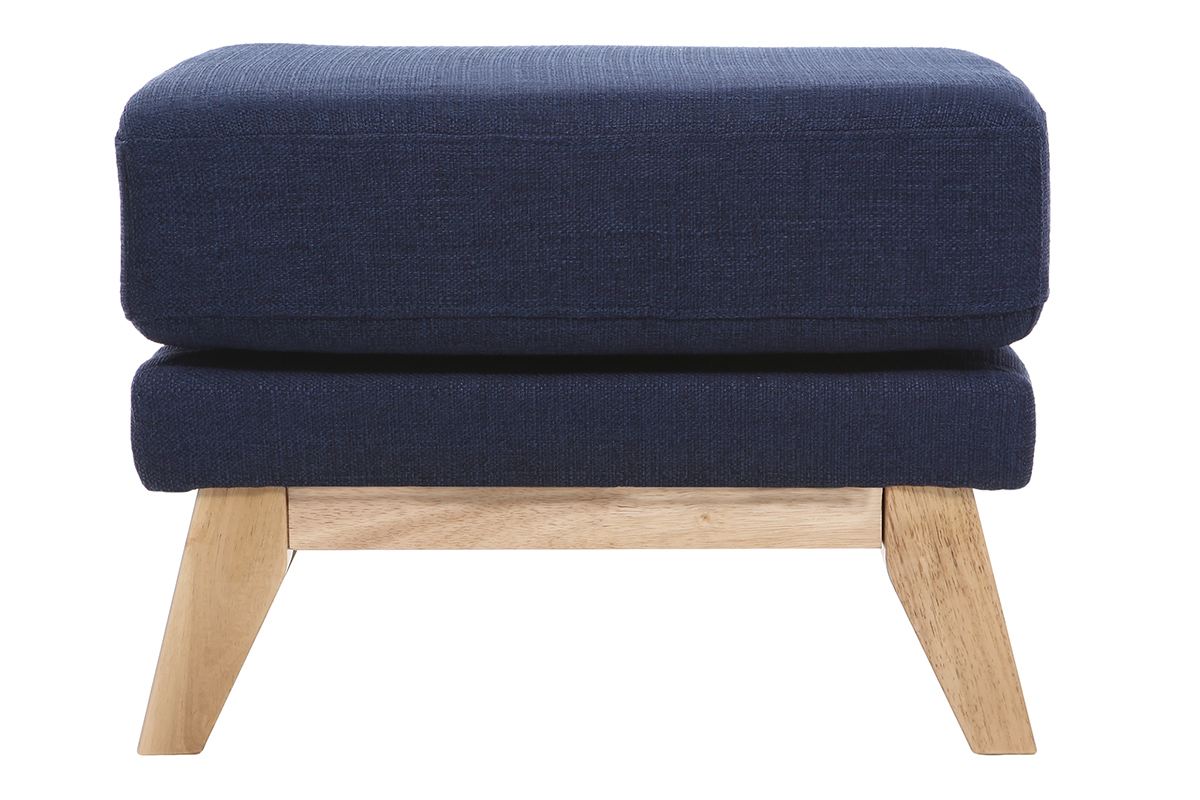 Pouf repose-pieds scandinave en tissu bleu fonc� et bois clair, vue de c�t�.