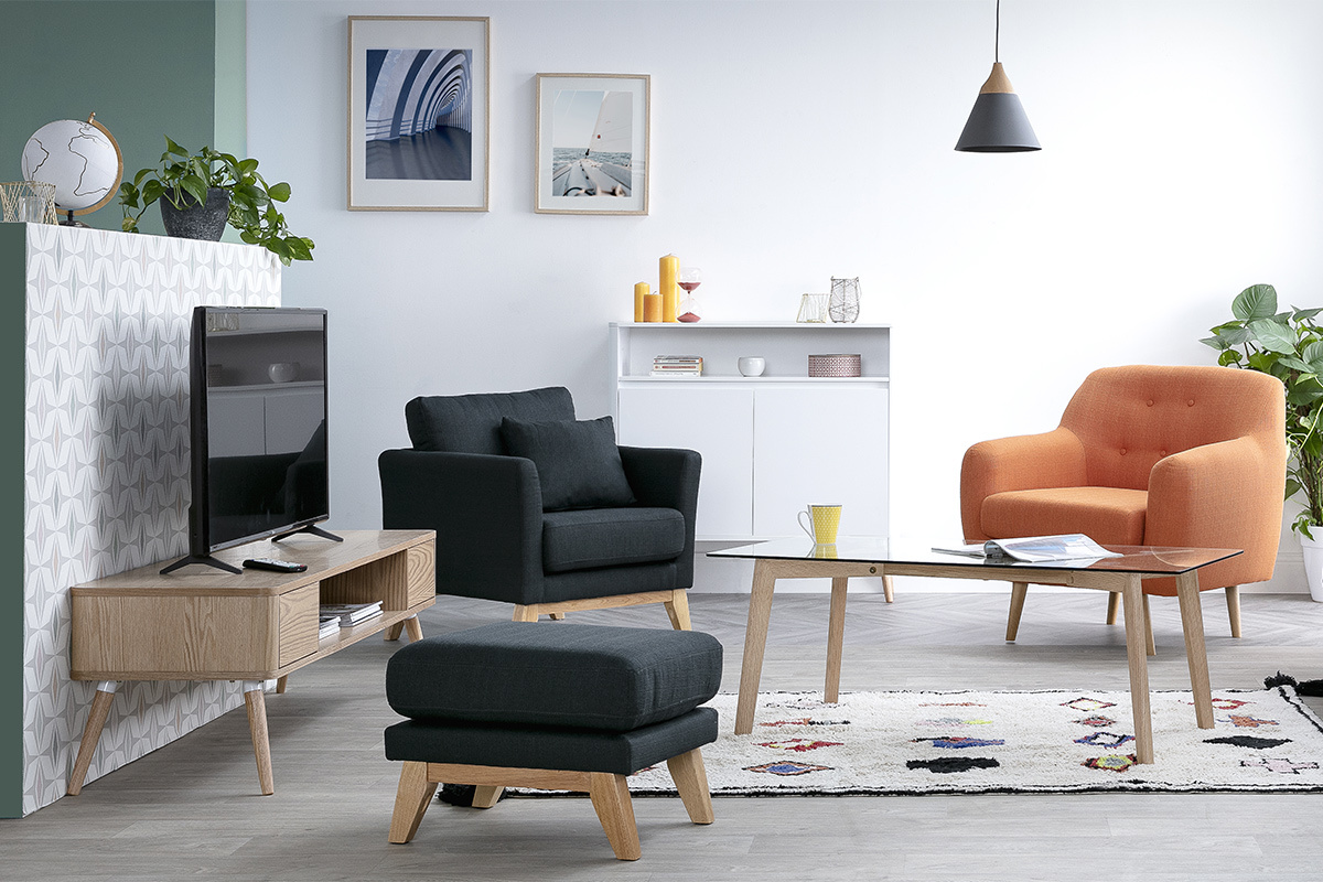 Pouf repose-pieds d�houssable scandinave en tissu effet velours textur� terracotta et bois clair OSLO
