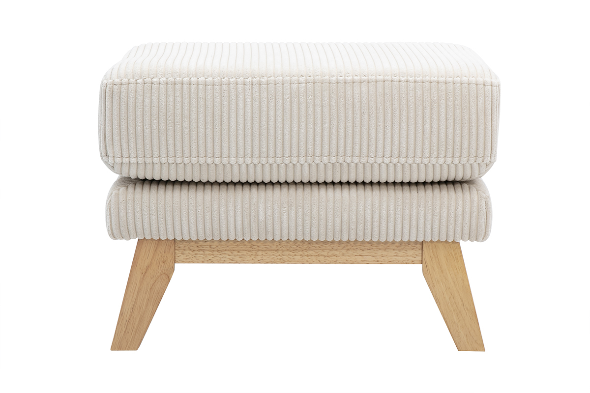Pouf scandinave en tissu velours c�tel� beige et bois clair, vue de face.