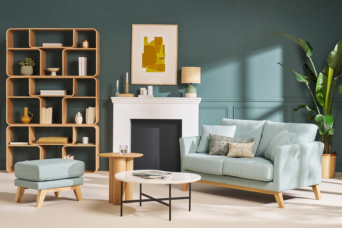 Pouf repose-pieds d�houssable scandinave en tissu vert lagon et bois clair OSLO