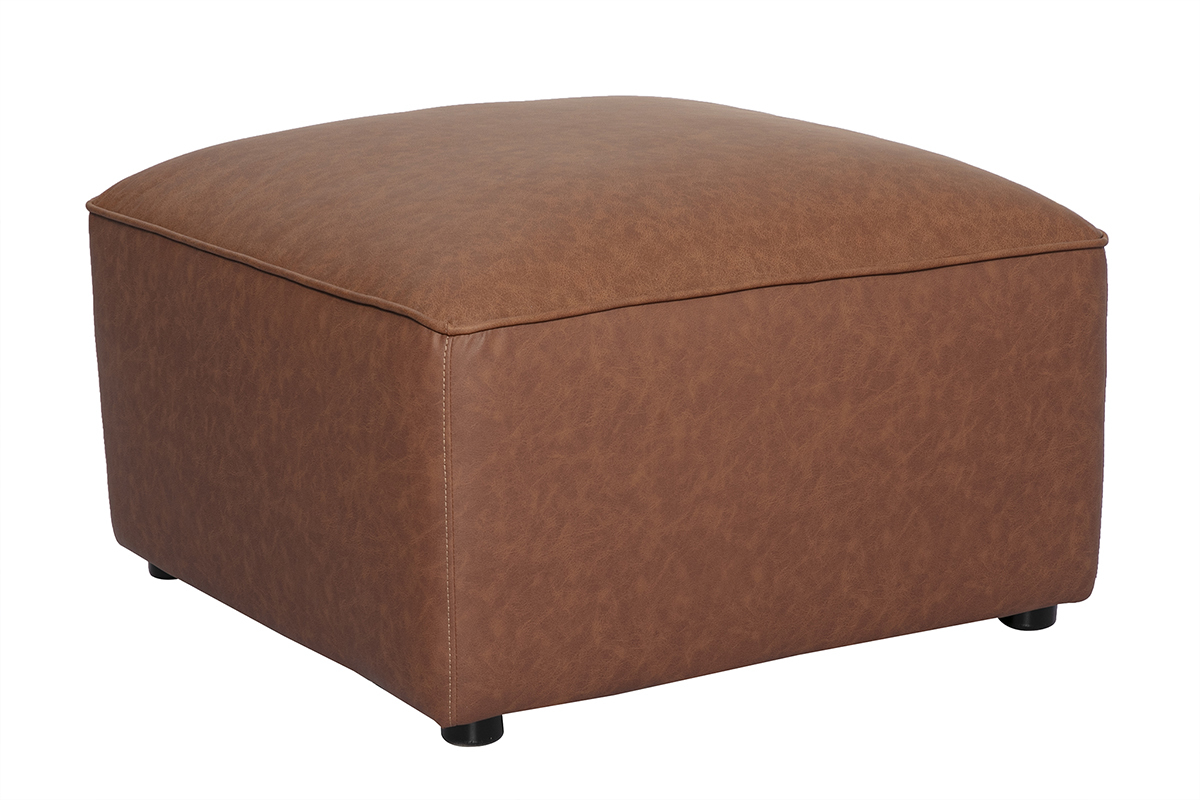 Pouf carr� en cuir marron FERGUS, vue de 3/4, avec pieds noirs.